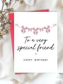 1張甜美粉色蝴蝶結特別好友生日卡，優雅極簡設計，給閨蜜的理想生日禮物，加厚加大信封與卡片 - 多色 - 查看 5