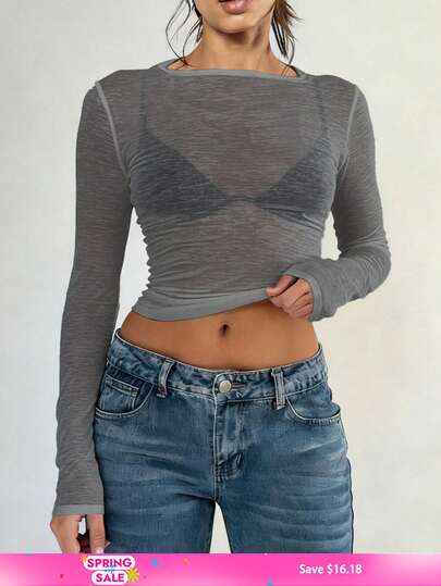 2000s Style Women's Summer Sheer Long Sleeve Round Neck Fitted Sexy See-Through Cropped Top