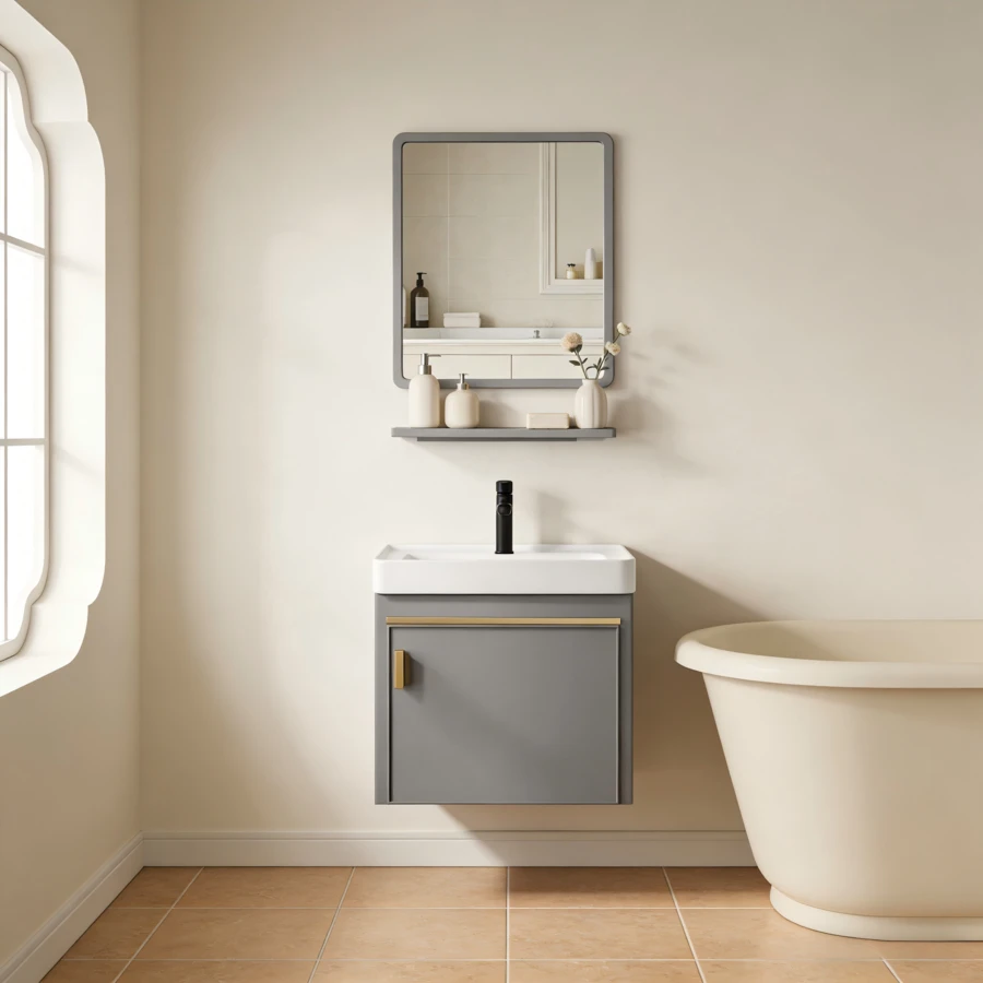 Kit De Lavabo Pequeño Para Baño Con Espejo Armario Grifo - Gris - Ver 1