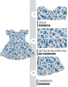 Girl's Dress With Delicate Floral Print, Classic Peter Pan Collar, Ruffles, Short Sleeves, Elegant Pom-Poms, Full Skirt, Comfortable Soft Cotton, Premium Fabric, Party, Birthday, Christening, Special Events, Charming Look, Children's Fashion, Princess Style, Casual Chic, Spring/Summer, Girls' Clothes, Comfort, Sweet, Blogger Look, Photography, Outing, Perfect Gift, Charming, Stylish, Floral Print - 藍色 - 查看 9
