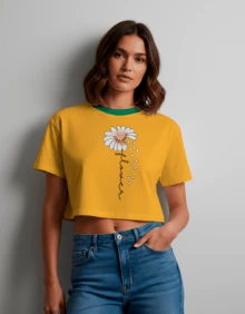Cropped Feminina Estampa Flowers Coração Casual Treino Academia Diversas Cores Hexa Copa - Amarela Gola Verde - Visão 1