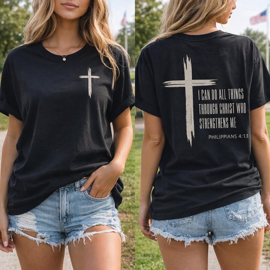 1pc Plus Size Women's Religious Graphic Cotton T-Shirt, Short Sleeve Round Neck Bible Verse Tee With Cross Print, Casual Loose Fit Christian Top, S-5XL Sizes, Philippians 4:13 "I Can Do All Things Through Christ" Inspirational Shirt For Daily Wear Benito Bowl,Big Game, Football Fast Shipping! Men's Casual And Stylish Short-Sleeved Printed T-Shirt. - 黑色 - 查看 1