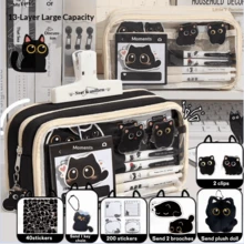 33件套13层可爱猫咪文具盒 - 高品质ins风 - 小黑猫文具套装。可爱小黑猫铅笔盒,多层设计,附赠贴纸、钥匙扣和胸针。女生文具套装,大容量透明铅笔盒,开学礼物 - 黑色1 - 查看 17