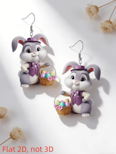2D可爱兔子与彩蛋吊坠耳环，复活节主题耳环，亚克力材质，适合日常佩戴和节日佩戴，精致礼品，四季皆宜