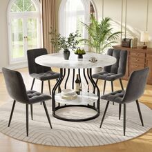 Dining Chair Set (5 Pieces) With 4 Chairs, Modern Kitchen Table Chair Set, Round Dining Table Diameter 80 Cm, Black Metal Table Legs, MDF Marble Top, Grey Velvet Dining Chair - Grey - View 1