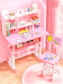 Children's Chairs And Desk With Adjustable Shelves And Table - Pink - View 1