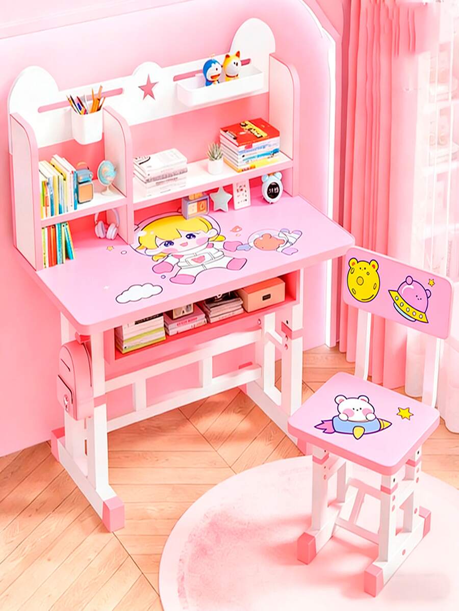 Children's Chairs And Desk With Adjustable Shelves And Table - Pink - View 1