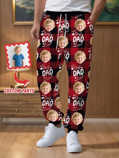 Quần jogger nam dáng rộng thoải mái, thời trang, thích hợp cho mùa xuân/hè, in hình khuôn mặt theo yêu cầu, dòng chữ "Người cha tuyệt vời nhất", phù hợp cho các hoạt động thường ngày, dã ngoại cuối tuần, tụ họp bạn bè, du lịch, và là món quà hoàn hảo cho sinh nhật, Ngày của Cha hoặc các dịp lễ.