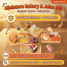 6件套迷你托盘蛋糕面包果汁套装模型，迷你下午茶摆件，DIY装饰场景配件，娃娃屋配件 - 托盤麵包 - 查看 2