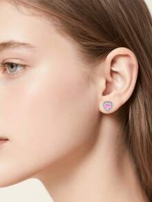 925纯银糖果粉色立方氧化锆心形耳钉，全镶钻优雅设计，适合日常/旅行/派对佩戴，附赠精美礼盒 - 粉色 - 查看 3