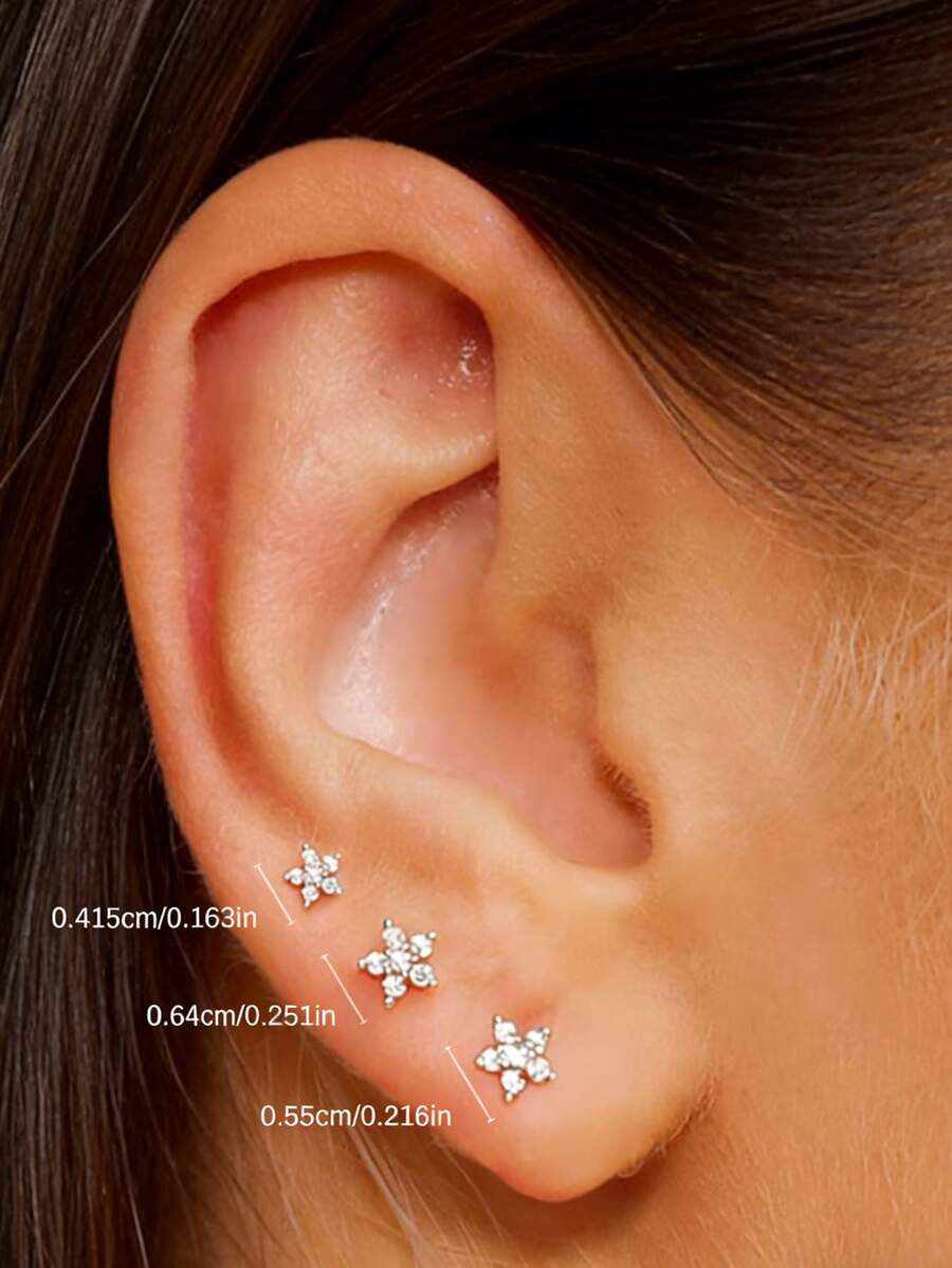 3只装925纯银精致花瓣方形立方氧化锆耳钉，低过敏性纯银材质，适合女性日常佩戴、约会、度假、婚礼、派对、节日礼物 - 金色 - 查看 1