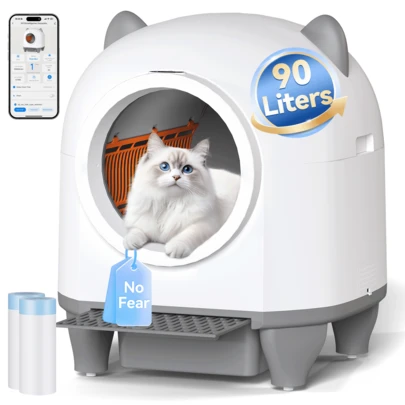  DEVOKO Electric Cat Litter Tray, Cat-Friendly Self-Cleaning Litter System 90L Main Compartment Plus 8.5L Waste Collection Capacity Solid Deodorising Agent Includes Litter Scoop And Litter Mat