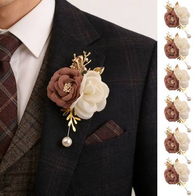 6pcs High-End Gold Leaf Wedding Boutonniere, Matching Deep Pink Chiffon Rose Pearl Brooch For Groom, Groomsmen, Suitable For Wedding, Valentine's Day, Party, Formal Occasion, Anniversary, Homecoming, Vintage Country Wedding