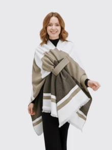 1 chiếc khăn choàng thời trang nữ thiết kế hai mặt, khăn choàng cardigan giả cashmere dày dặn, ấm áp, kẻ sọc, có khuy cài, áo khoác ngoài dệt kim thoải mái, thích hợp cho đi làm, du lịch, phụ kiện ngoài trời. - kaki nâu - Xem 4