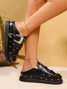 Mocasines de cuña y plataforma negros personalizados con remaches, cómodos para mujer - Negro - Ver 5
