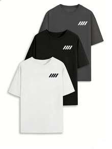 3 Stücke/Set Herren Lässig T-Shirts mit geometrischem Symbolmuster, Kurzarm, Herbst - Verschiedenfarbig - Übersicht 3