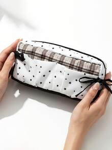 1pc Black & White Star Bow Pencil Case, High-Quality Korean Style Student Large Capacity Stationery Storage Bag - A - View 6