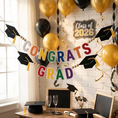 14pcs/Set Felt Colorful Congrats Grad Banner With Graduation Cap - | Congrats Grad Banner | Colorful Congrats Grad Sign For Graduations Decorations