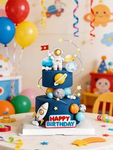 1 unidade de enfeite de bolo com astronauta, planeta espacial, foguete Saturno, palitos decorativos de plástico coloridos e reutilizáveis, artigos para festa de aniversário com tema espacial, adequado para decoração de mesa de doces e bolos infantis. - Multicolorido - Ver 5