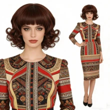 60s Retro Reddish Brown Short Curly Wig With Bangs, Voluminous Style, Heat Resistant Synthetic Hair For Daily & Cosplay - Coffee Brown - View 2