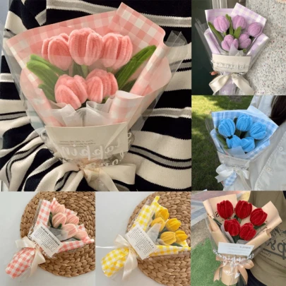 Finished Artificial Tulip Bouquets, Handmade Colorful Twisted Rod Braided Flowers Bouquet, Creative Iron Wire Plush Artificial Flowers Birthday Gift