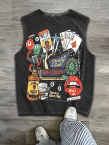 Sleeveless Printed T-Shirt, Y2K Style Street Fashion Men's Washed Vest (220g Pure Cotton), Vintage Pattern Fun Print, Hip-Hop Style, Men's Summer Round Neck Short-Sleeved Casual T-Shirt, Men's Summer Streetwear. - màu đen - Xem 1