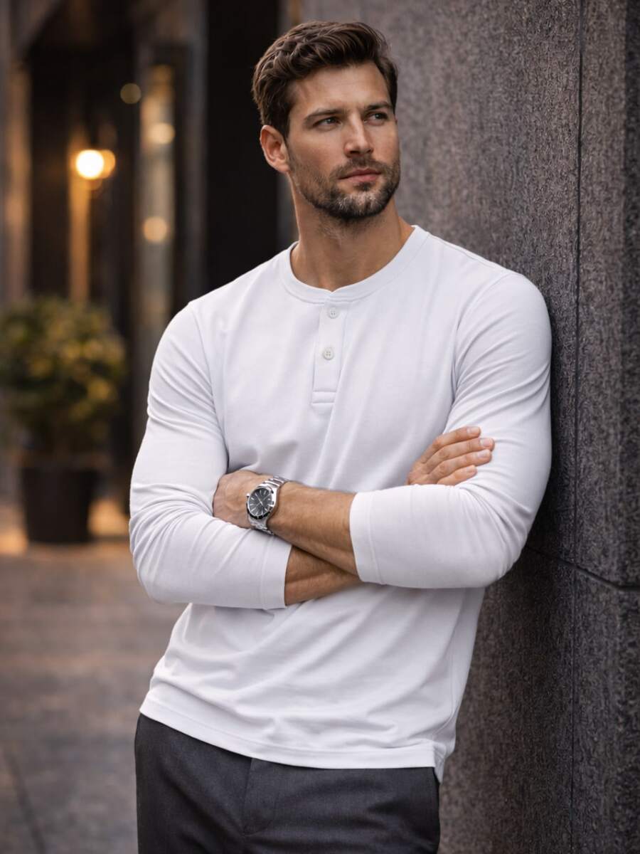 Men's Henley Shirt Long Sleeve Premium Cotton Slim Cold Weather Blouse Traditional Plain T-Shirt Casual Day To Day - trắng - Xem 1