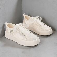 1双女士蕾丝网面透气平底运动鞋，舒适百搭休闲鞋，卡其色经典搭配裤装和裙装，系带休闲鞋 - 卡其色 - 查看 3