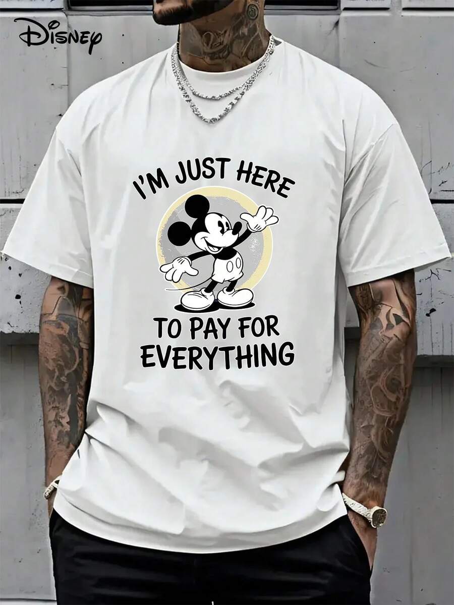 Disney Mickey Mouse Themed Summer T-Shirt With The Slogan "I'm Here Just To Pay All The Costs." Distressed Finish, One-Piece Design, Pure Cotton Fabric For Comfort And Breathability. Perfect For Disney Lovers And Couples To Wear In Disney Parks; A High-Quality Fashion Brand, Making It The Ideal Surprise Gift For Family And Friends. - 白色 - 查看 1