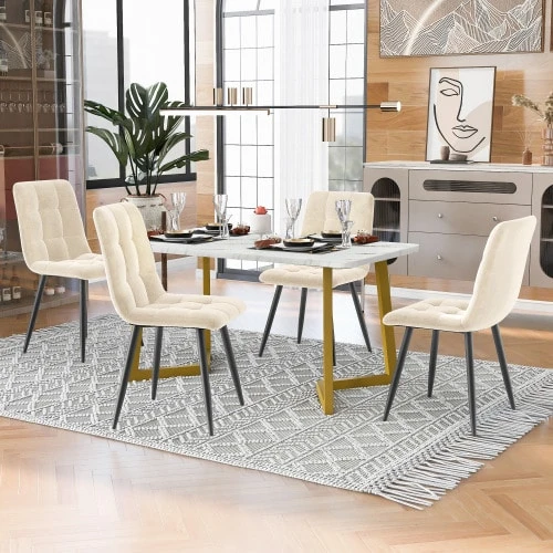 117cm Dining Table With 4 Chairs, Rectangular Table, Table And Chair Set For Modern Kitchen, Beige Velvet Dining Chairs, Gold Table Legs. - Light Brown - View 1