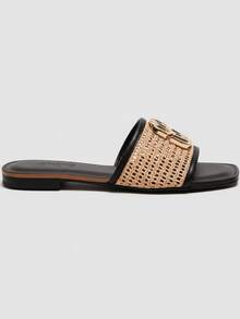 Women's Elegant Flat Sandal With Gold Detail, Comfortable, Soft, Summer Fashion - 黑色 - 查看 3