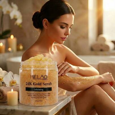  MELAO 24K Gold Scrub - Body Scrub With Coconut Oil And Vitamins - Anti-Aging, Deep Cleansing, Moisturizing Formula For Smooth, Radiant Skin