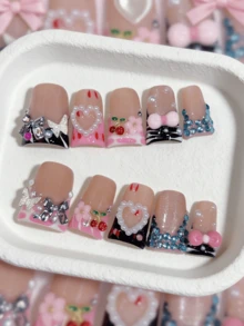 NAILROSY 10片装鸭子美甲贴片，Y2K粉色黑色爱心可爱蝴蝶结水钻装饰造型，3D立体雕刻手工按压式美甲贴片，婚礼必备纯白裸色透明色日常通勤适用，2026春季新品，轻奢婚礼定制生日礼物，优质专业沙龙级手工制作，优雅设计，色彩靓丽 - 彩色 - 查看 9