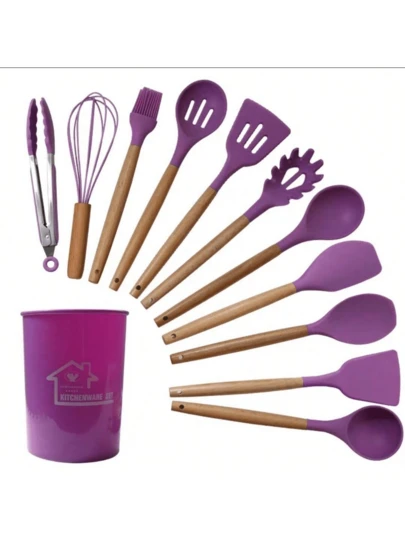 Set Utensilios Cocina Silicón BPA Free Mango Madera 12 Piezas Kitchen Set