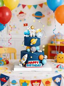 1 unidade de enfeite de bolo com astronauta, planeta espacial, foguete Saturno, palitos decorativos de plástico coloridos e reutilizáveis, artigos para festa de aniversário com tema espacial, adequado para decoração de mesa de doces e bolos infantis. - Multicolorido - Ver 4