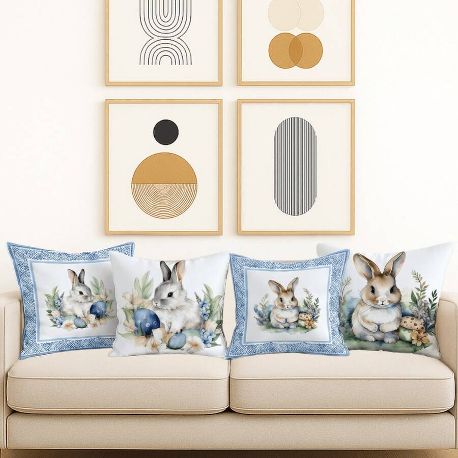 Set Of 4 Cushion Covers With Inserts, Exclusive Easter Collection, Decorative Prints For Sofa And Bed For Comfort - BLUE RABBIT - View 1