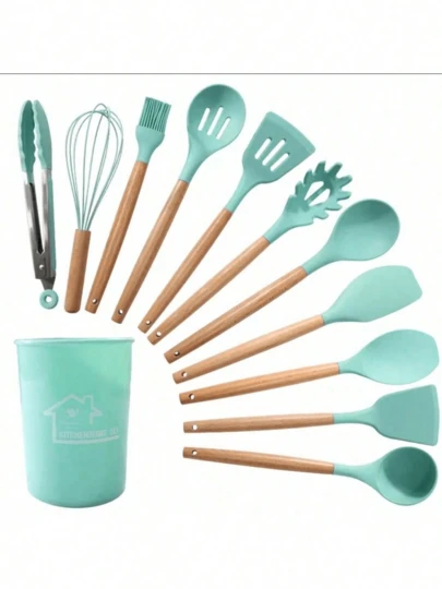 Set Utensilios Cocina Silicón BPA Free Mango Madera 12 Piezas Kitchen Set