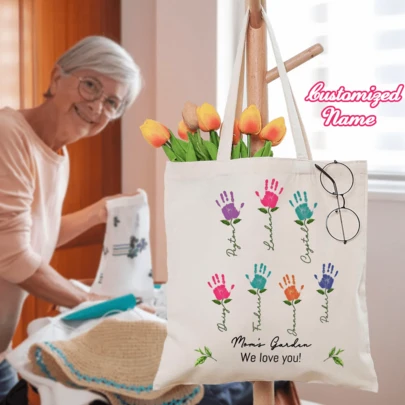 Personalized Colorful Canvas Tote Bag With Children's Handprint Pattern, Perfect Mother's Day Or Birthday Gift For Mom Or Grandma