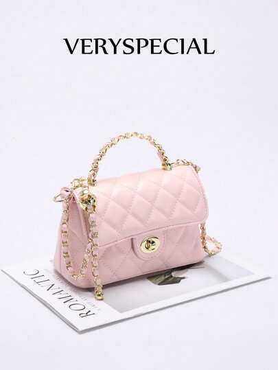 1pc Pink PU Quilted Diamond Pattern Embroidered Chain Strap Handbag, Fashionable Flap Twist Lock Small Square Bag, Versatile Shoulder Crossbody Bag Suitable For Daily Commute, Hanging Out With Friends, Dating, Shopping, Afternoon Tea , Pink