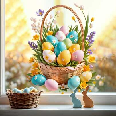 1个水彩复活节彩蛋篮窗贴，可移除静电贴，适用于餐厅、客厅、卧室、窗户等装饰 - 易于粘贴，耐用PVC材质复活节装饰品