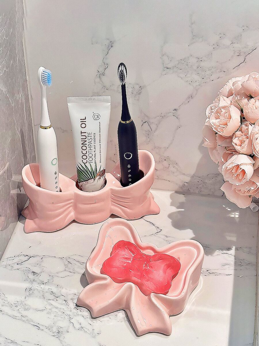 1pc White & Pink Bow Toothbrush Holder, 3-Slot Independent Bathroom Countertop Storage Rack, Multi-Function Toothbrush & Toothpaste Organizer, Durable & Elegant Home Decor Accessory, Fashionable Bathroom Supplies - Multicolor - View 1