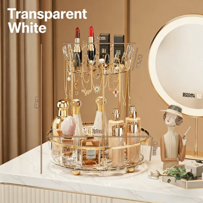 360° Rotating Makeup Organizer Tray Bathroom Cosmetic Brush Holder Desktop Skincare Lipstick Perfume Storage RackTransparent Rotating Cosmetics Storage Box With A High-End Feel, Double-Layer Desktop Organizing Rack, Dressing Table Organizer, And Jewelry Box
