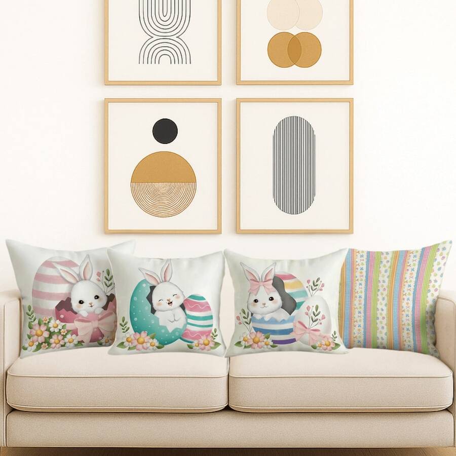 Set Of 4 Cushion Covers With Inserts, Exclusive Easter Collection, Decorative Prints For Sofa And Bed For Comfort - HAPPY RABBIT - View 1