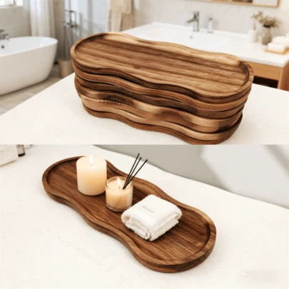 High Quality Creative Asymmetrical Oval Tray - Bathroom Tray, Wooden Tray, Decorative Tray, Perfume Tray, Organizer, Centerpiece, Bathroom Shelf, Soap Dish, Entryway Key Tray | Polished Finish, Perfect For Bathroom, Countertop, Sink, Toilet, Living Room Centerpiece, Candle Holder, Home Decor, Living Room Decor, Decorative Plate, Bathroom Accessories
