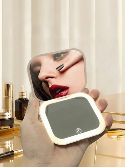 LED化妆镜，2倍高清放大带灯化妆镜，500mAh便携式迷你带灯化妆镜/折叠镜/双面/触控式，USB充电LED照明旅行折叠化妆镜