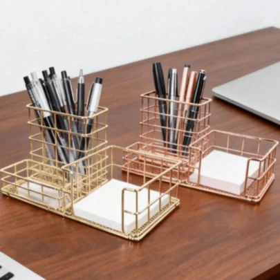Elegant Gold Metal Desktop Organizer Tray, Multi-Layer Office Desk Storage Rack, Can Hold Pens, Makeup Brushes, Cute Desktop Accessory, Suitable For Women, School And Home Office (Gold/Rose Gold)