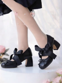 Elegant Cute Womens Ballet High Heels Round Toe Bow Decors Lace Up Block Heel Ballerina Dancing Shoes Party Dressy Occasions Heeled Shoes - 黑色 - 查看 7