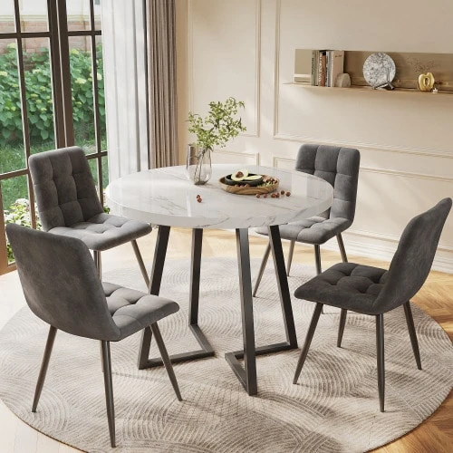 Dining Chair Set (5 Pieces), Modern Dining Chair Set (Contains 4 Chairs), Kitchen Dining Chair Set, Round Dining Table, 80 Cm Diameter, Black Metal Table Legs, White MDF Tabletop, Dark Grey Velvet Chair - Dark Grey - View 1
