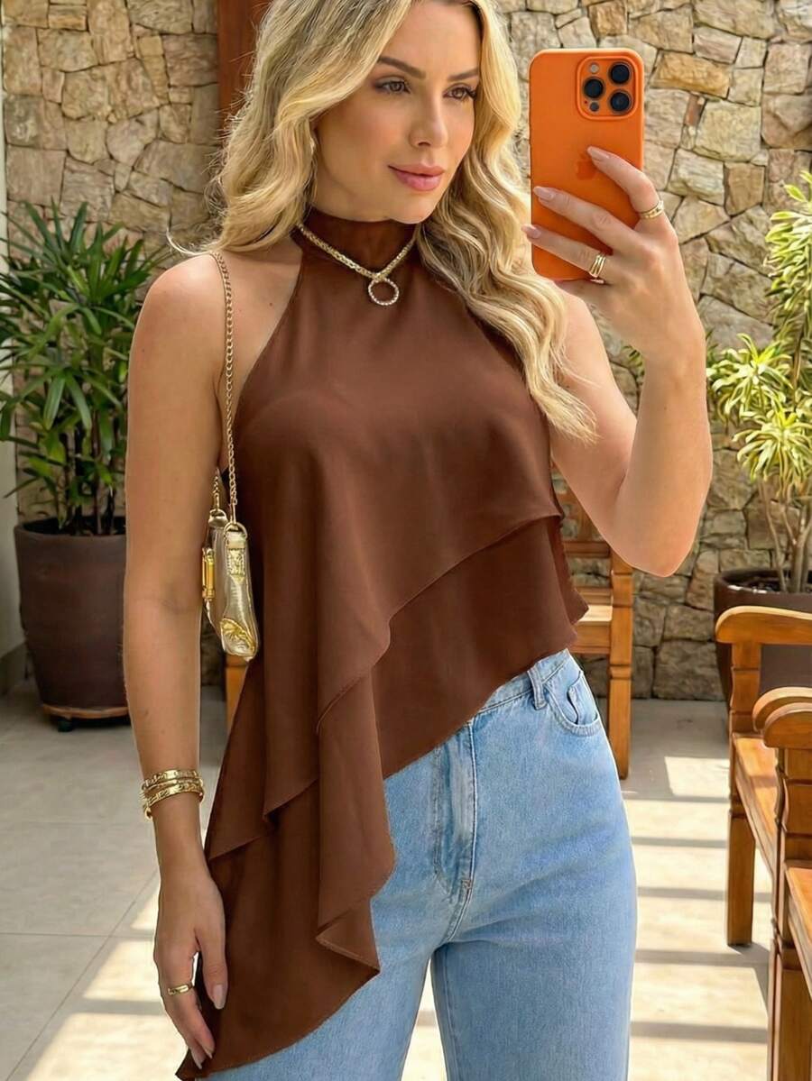 Women's Asymmetrical Cropped High Neck Halter Top With Layers And Neck Tie - Boho Chic, Casual, Elegant, Autumn/Winter Fashion - 鏽棕色 - 查看 1