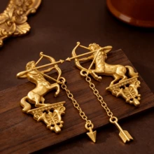 一对不对称马头箭形耳环，珠宝礼品 - 金色 - 查看 2